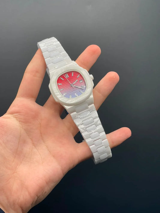 PP White Ceramic Chain With Pink And Red Dial Quartz Watch