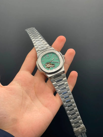 PP Silver Chain With Tiffany Blue Open Heart Dial Automatic Watch