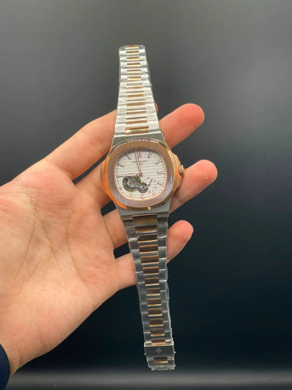PP Two Tone Chain With White Open Heart Dial Automatic Watch