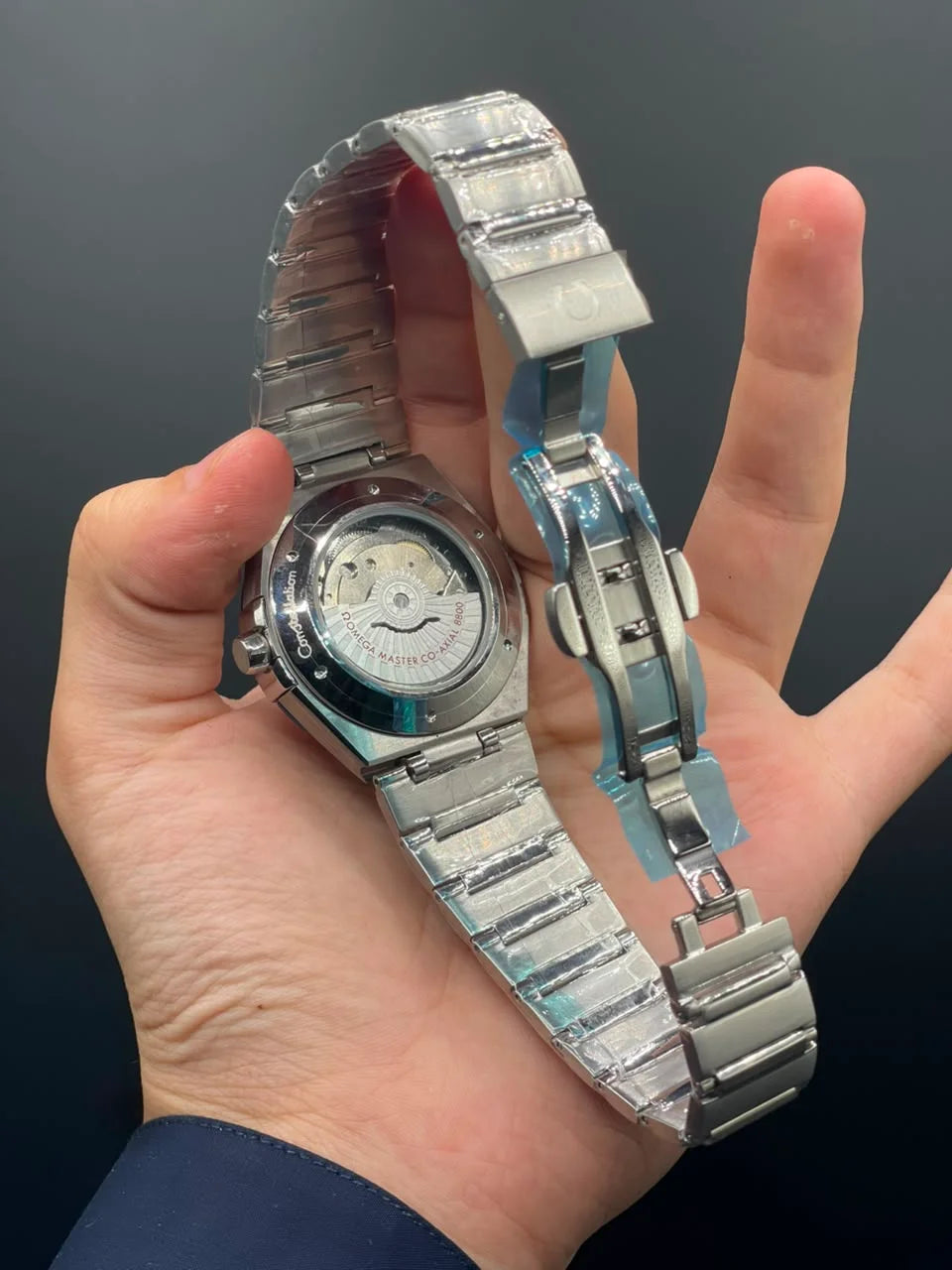 OM Silver Chain With White Dial And Blue Bezel Automatic Watch