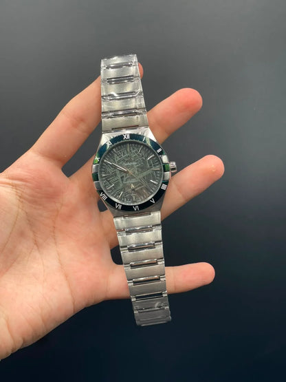OM Silver Chain With Green Textured Dial Automatic Watch