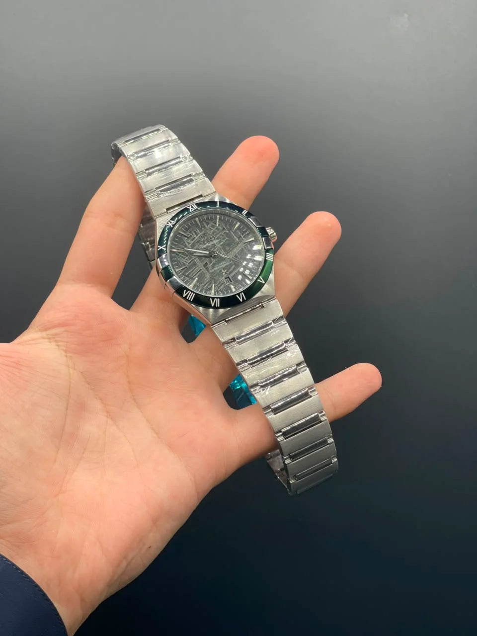OM Silver Chain With Green Textured Dial Automatic Watch