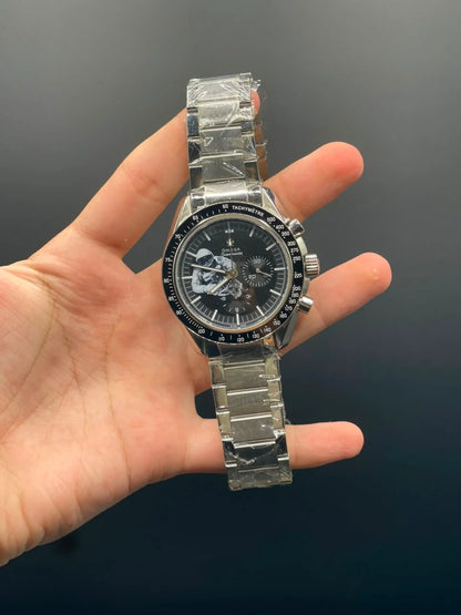 OM Silver Chain With Black Chronograph Dial Automatic Watch