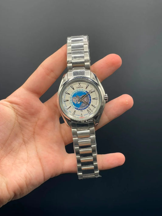 OM Silver Chain With White Planet Dial Automatic Watch