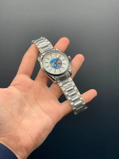 OM Silver Chain With White Planet Dial Automatic Watch