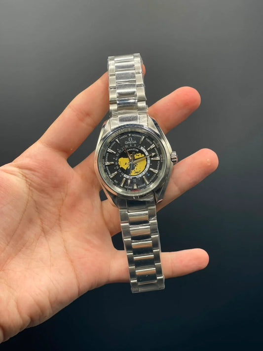OM Silver Chain With Black Planet Dial Automatic Watch