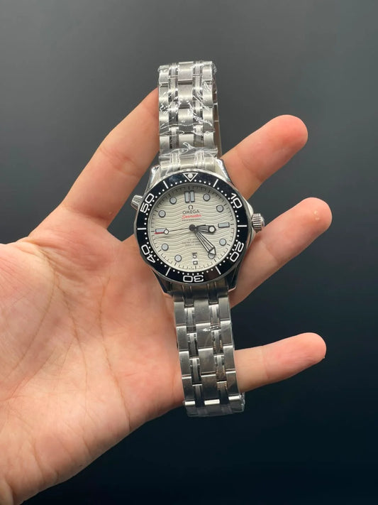 OM Silver Chain With White Dial And Black Bezel Automatic Watch