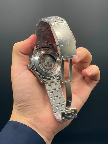 OM Silver Chain With White Dial And Black Bezel Automatic Watch