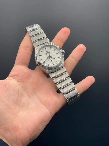 OM Silver Chain With White Dial And Silver Bezel Automatic Watch
