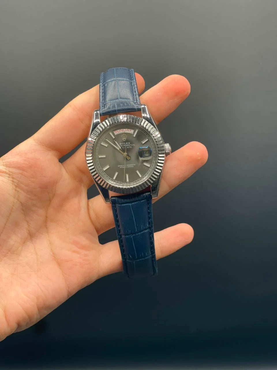 RLX Blue Strap With Gray Day-Date Dial Automatic Watch