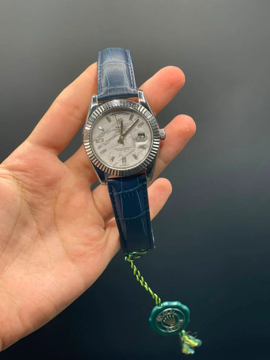 RLX Blue Strap With White Meteorite Day-Date Dial Automatic Watch