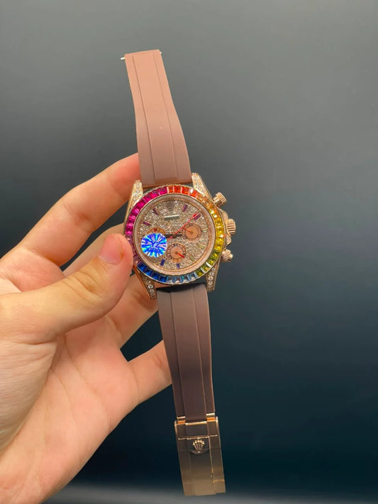 RLX Brown Strap With Diamond Dial And Rainbow Bezel Automatic Watch