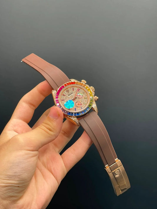 RLX Brown Strap With Diamond Dial And Rainbow Bezel Automatic Watch