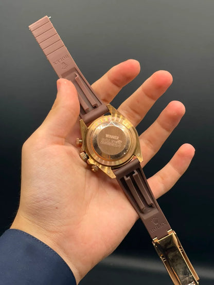 RLX Brown Strap With Diamond Dial And Rainbow Bezel Automatic Watch