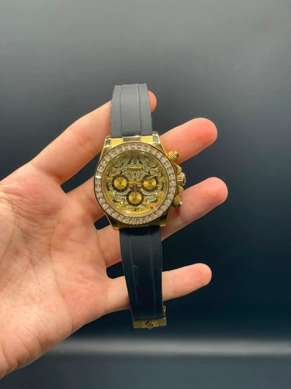 RLX Black Strap With Golden Diamond Dial And Diamond Bezel Automatic Watch