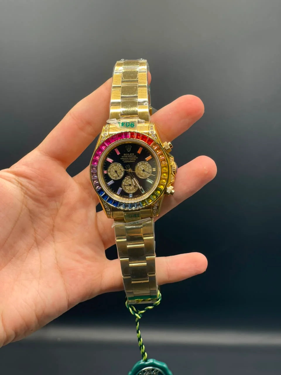 RLX Golden Chain With Black Chronograph Dial And Rainbow Bezel Automatic Watch