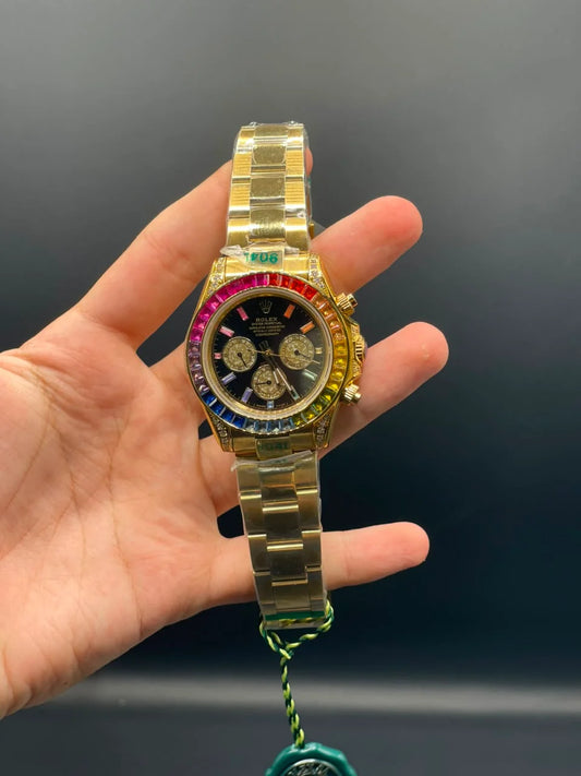 RLX Golden Chain With Black Chronograph Dial And Rainbow Bezel Automatic Watch