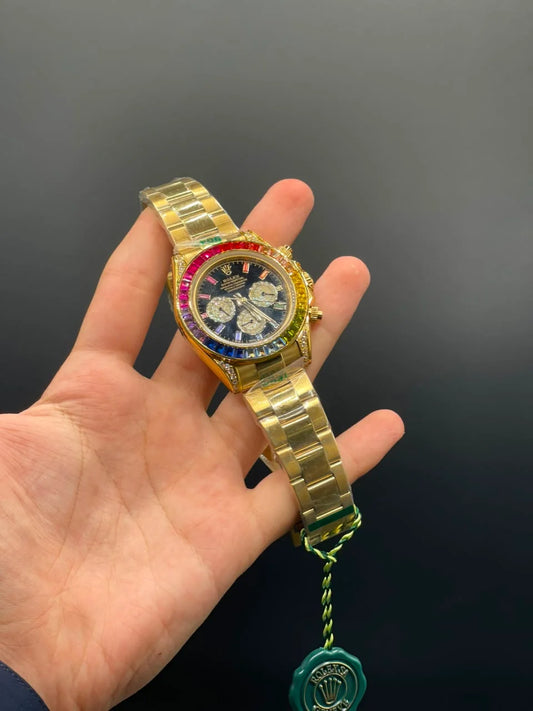 RLX Golden Chain With Black Chronograph Dial And Rainbow Bezel Automatic Watch