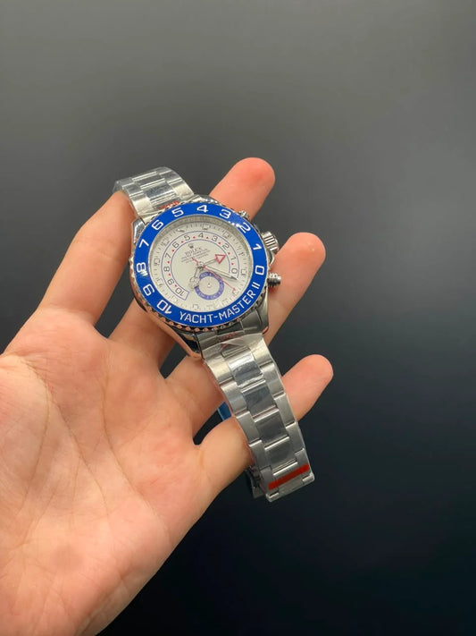 RLX Silver Chain With White Dial And Blue Bezel Automatic Watch