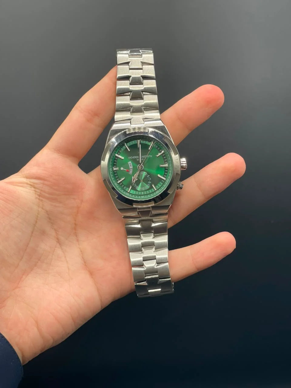 VC Silver Chain with Green Chronograph Working Dial Automatic Watch