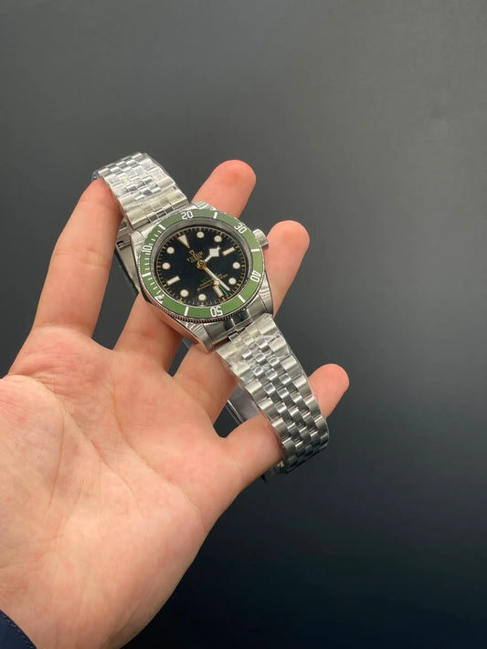TDR Silver Chain with Black Dial and Green Rotatable Bezel Automatic Watch