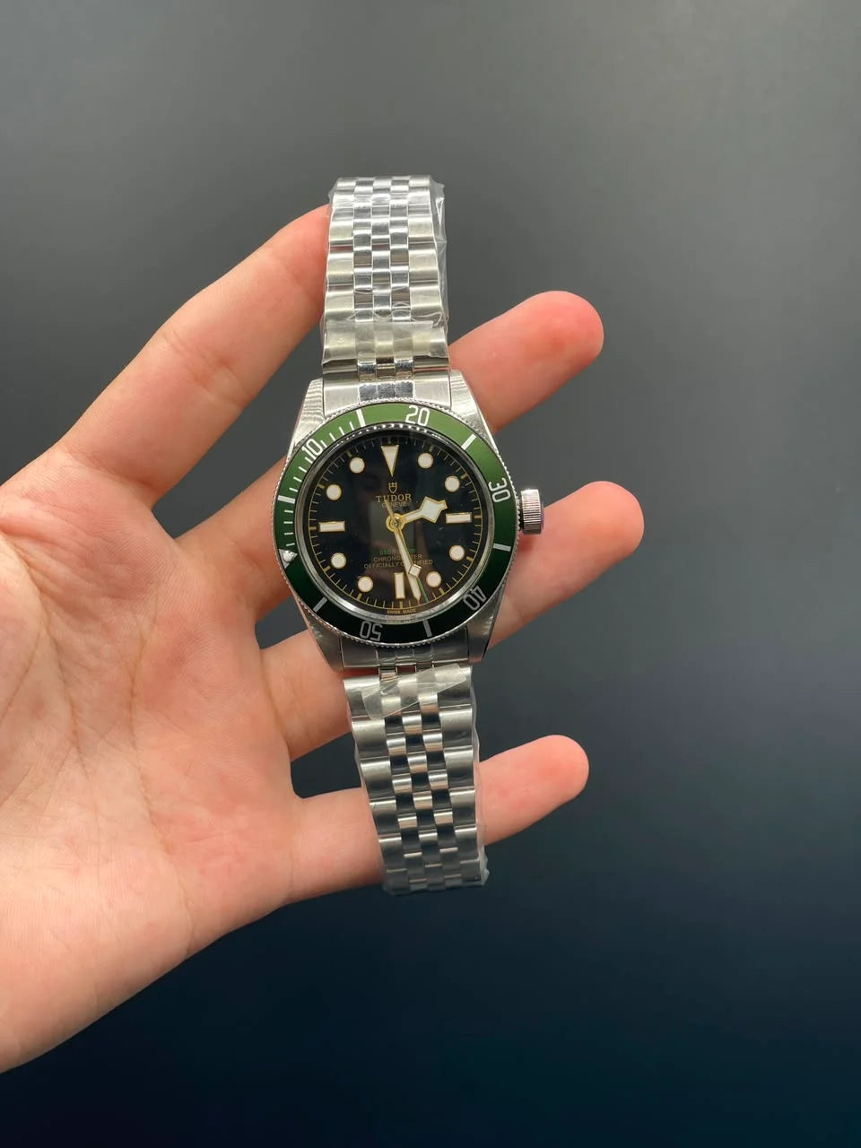 TDR Silver Chain with Black Dial and Green Rotatable Bezel Automatic Watch
