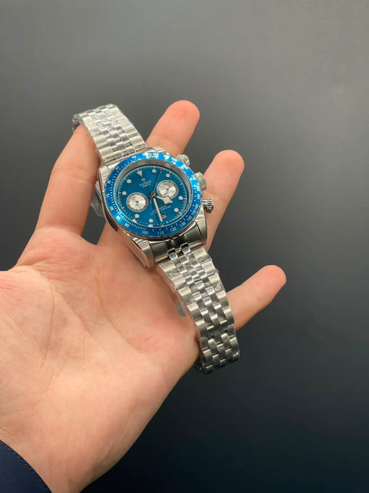 TDR Silver Chain with Dark Blue Chronograph Dial Automatic Watch
