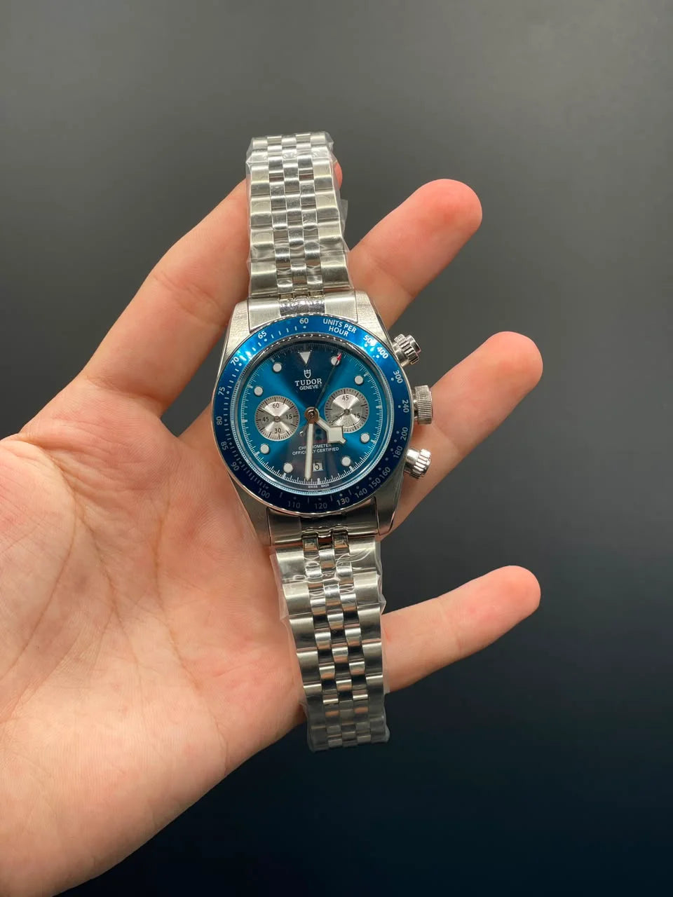 TDR Silver Chain with Dark Blue Chronograph Dial Automatic Watch