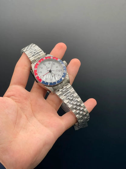 TDR Silver Chain with White Dial and Blue & Red Rotatable Bezel Automatic Watch