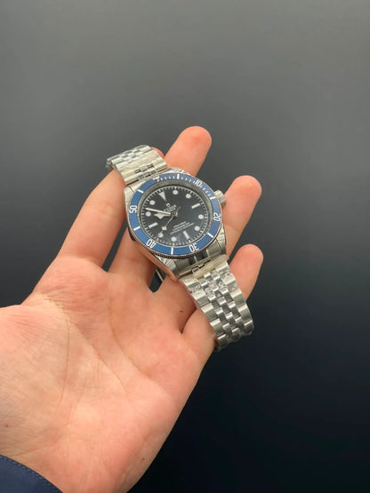 TDR Silver Chain with Black Dial and Blue Rotatable Bezel Automatic Watch