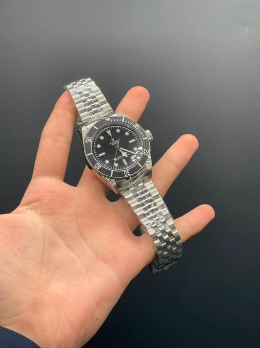 TDR Silver Chain with Black Dial and Black Rotatable Bezel Automatic Watch