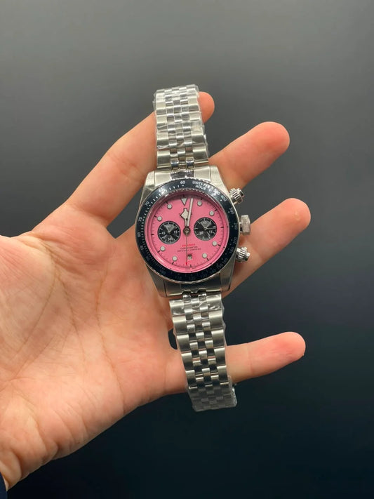 TDR Silver Chain with Pink Chronograph Dial Automatic Watch