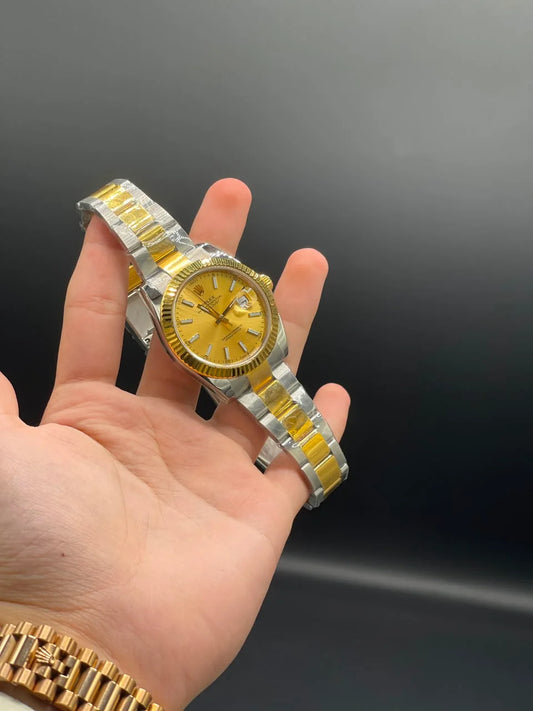 Two Tone Oyster Chain with Golden Datejust-Style Dial Automatic Watch