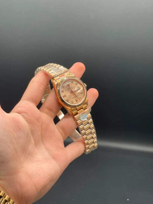 Rose Gold Presidential Chain with 36mm Salmon Day-Date Dial Automatic Watch