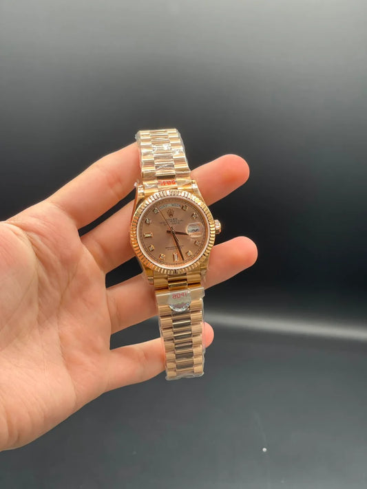 Rose Gold Presidential Chain with 36mm Salmon Day-Date Dial Automatic Watch