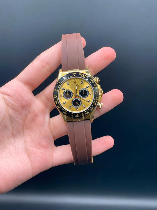 Brown Oyster-Flex Strap with Golden Daytona-Style Dial Automatic Watch