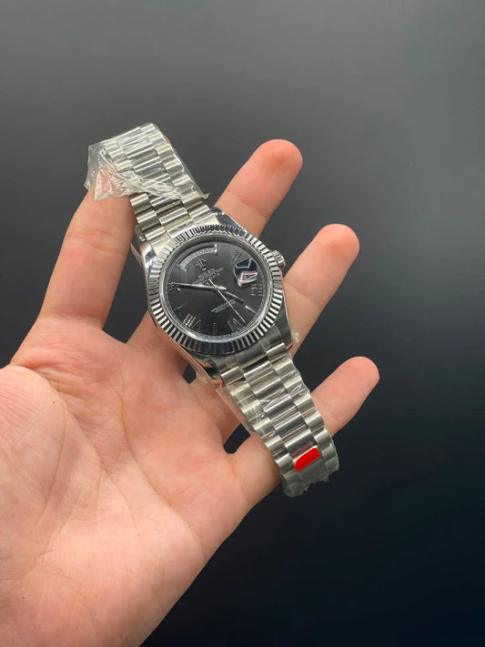 Silver Presidential Chain with Black Day-Date Dial Automatic Watch