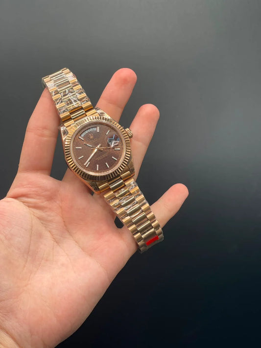 Rose Gold Presidential Chain with Chocolate Day-Date Dial and Stick Indices Automatic Watch