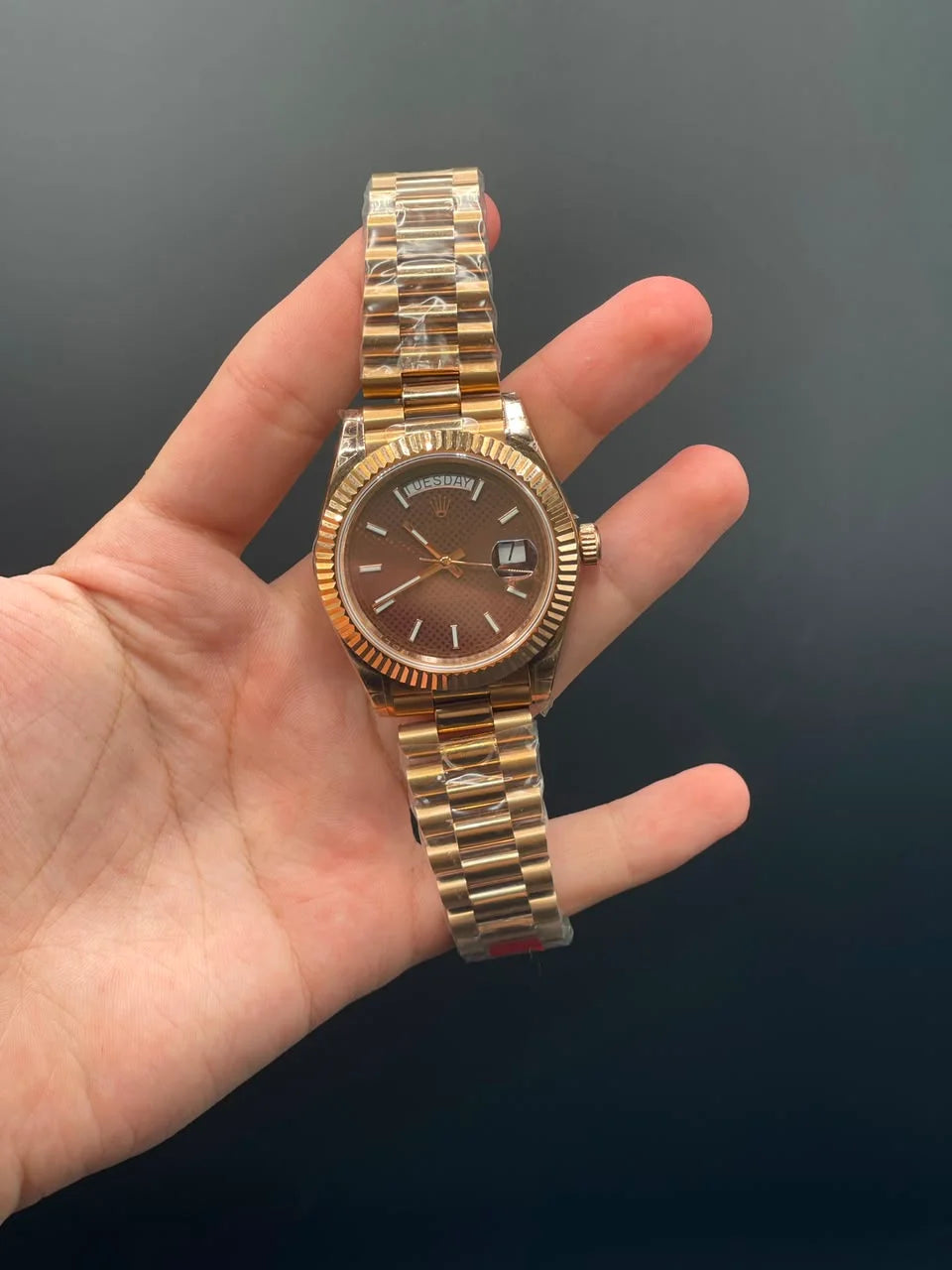 Rose Gold Presidential Chain with Chocolate Day-Date Dial and Stick Indices Automatic Watch