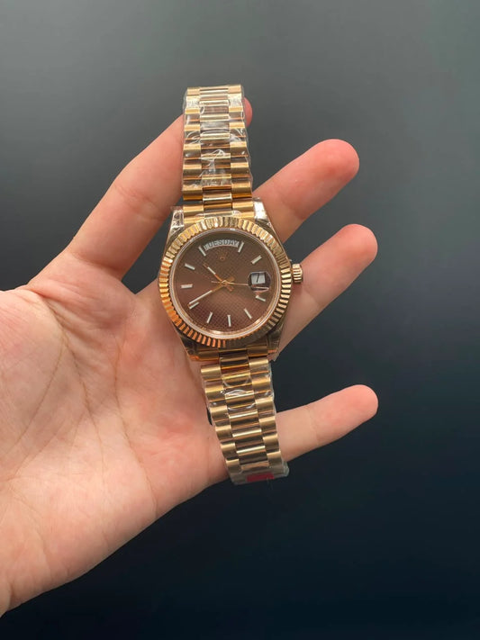 Rose Gold Presidential Chain with Chocolate Day-Date Dial and Stick Indices Automatic Watch