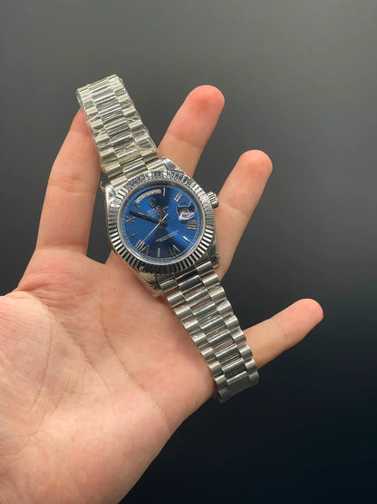 Silver Presidential Chain with Blue Day-Date Dial and Roman Indices Automatic Watch