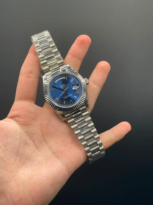 Silver Presidential Chain with Blue Day-Date Dial and Roman Indices Automatic Watch