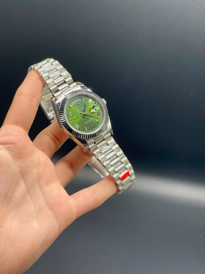Rlx Silver Presidential Chain With Olive Green Day-Date Dial Automatic Watch