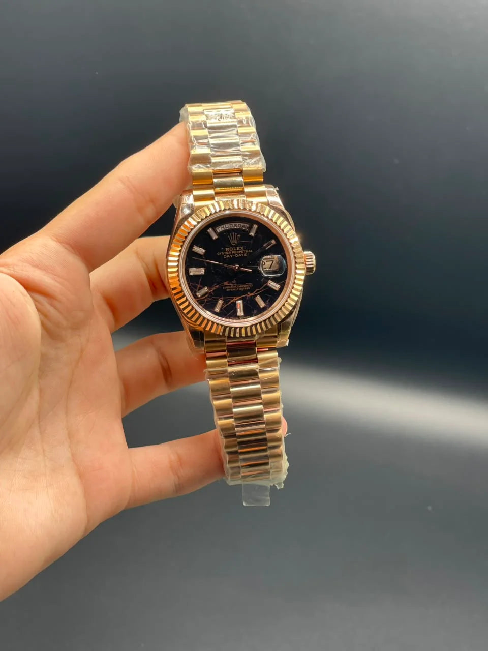 Rlx Rose Gold Presidential Chain With Black Textured Day-Date Dial Automatic Watch