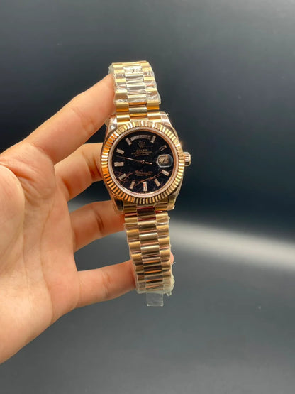 Rlx Rose Gold Presidential Chain With Black Textured Day-Date Dial Automatic Watch