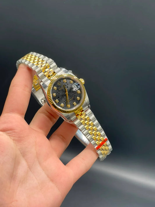 Rlx Two Tone Jubilee Chain With 36mm Black Date-Just Textured Dial Automatic Watch