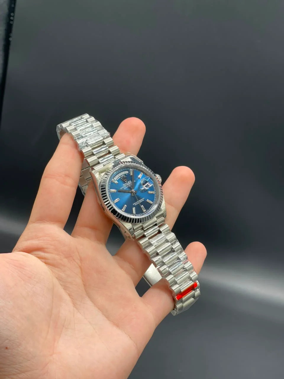 Rlx Silver Presidential Chain With Blue Day-Date Dial Automatic Watch