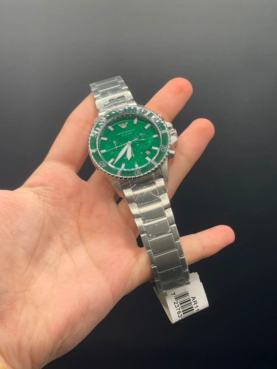 Armni Silver Chain with Green Chronograph Dial and Green Rotatable Bezel Quartz Watch