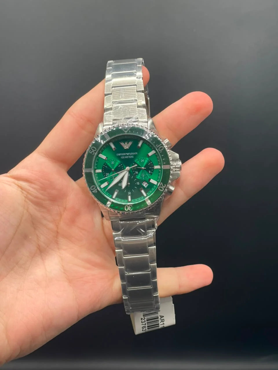 Armni Silver Chain with Green Chronograph Dial and Green Rotatable Bezel Quartz Watch
