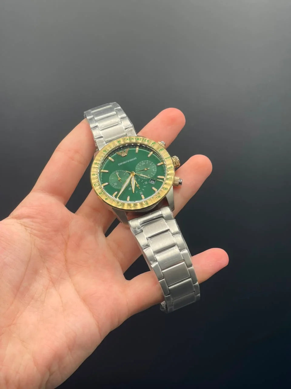 Armni Silver Chain with Green Chronograph Dial and Golden Bezel Automatic Watch